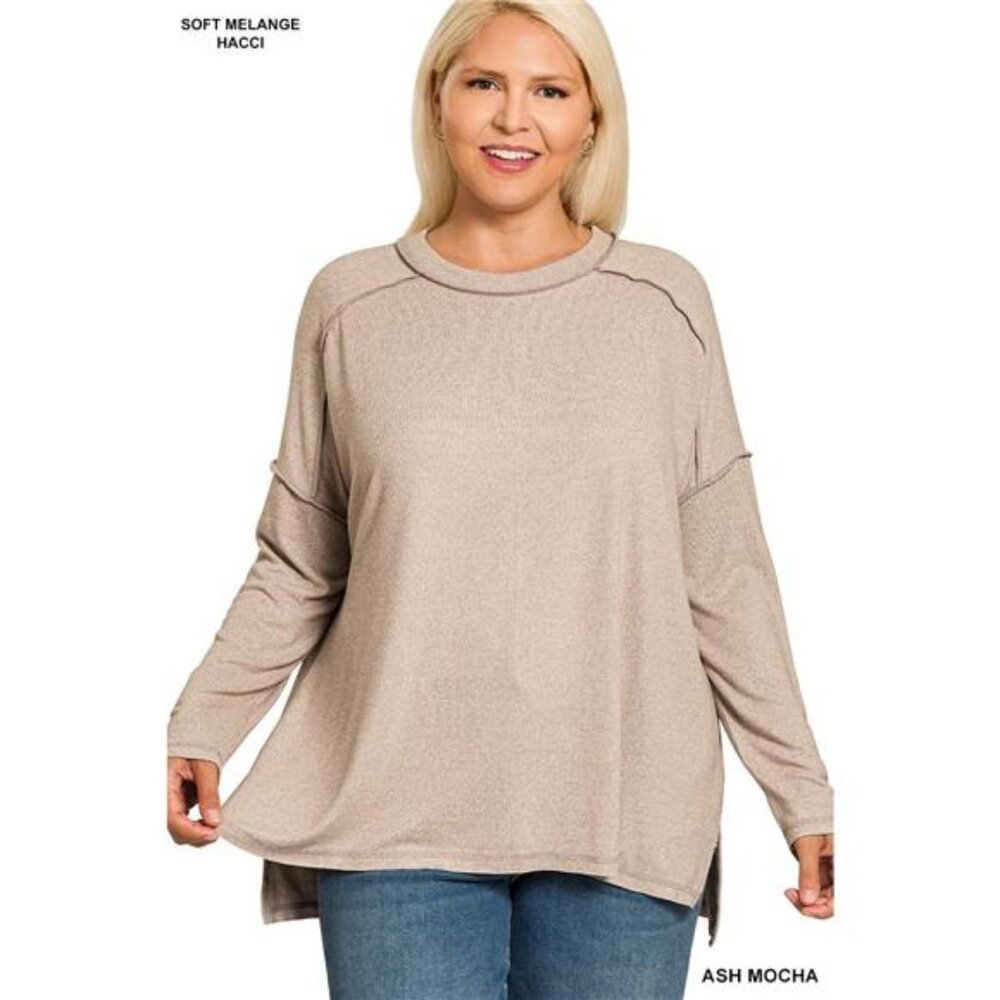 Zenana Full Size Melange Hacci Exposed Seam Hi-low Tee Plus Size